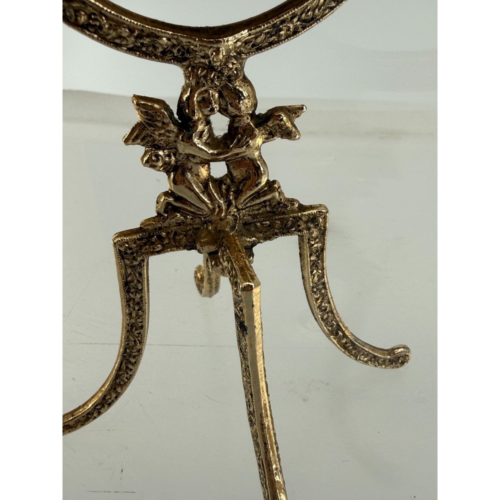 Vintage Gold Tone Vanity Tabletop Swivel Oval Mirror Cherub Hollywood Regency - Picture 4 of 6